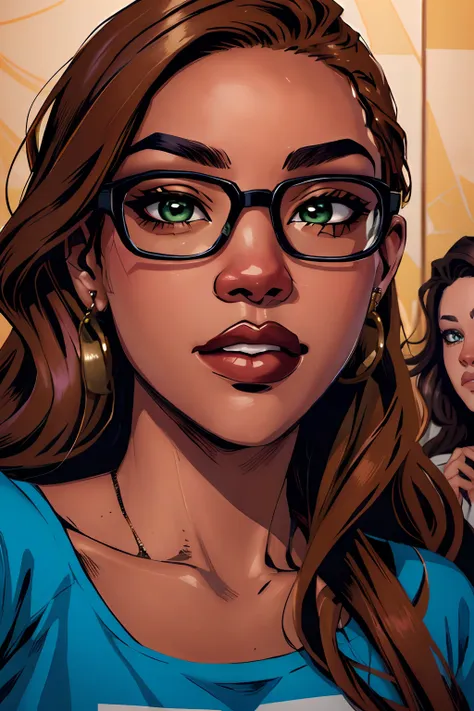 portrait, nerdy, face, bronze skinned, eyes, vibrant hair, masterpiece, best quality, selfie, illustrated, comics