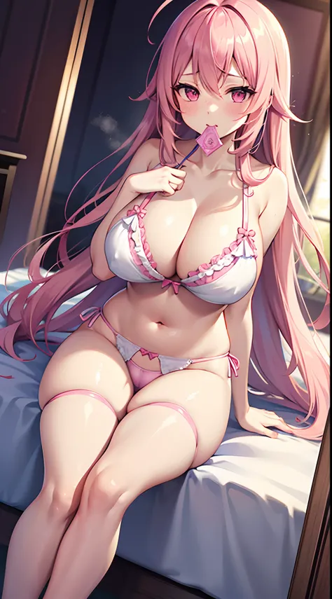 1 girl, game CG, frilly bra, cameltoe string panties, gigantic breasts, pink hair, long hair, straight hair, ahoge, pink eyes, pov, bedroom, sitting, legs open, condom in mouth, blush, steam, love juice,