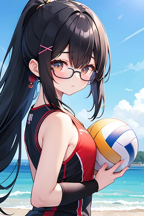 Black hair, hair behind ear, Floating hair, Shiny hair, nihongami, Lonely nape hair, X Hair Ornament, rimless eyewear, awardwinning、Volleyball players, girl with, Beach, 4K, Textured skin, Super Detail