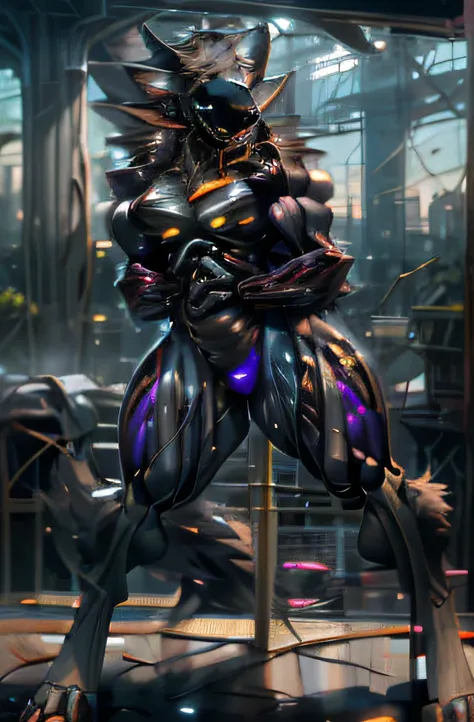 (highly detailed illustration:1.2), best quality, masterpiece, solo, natural lighting, ((protogen:1.1)), (protogen face:1.1), (protogen visor:1.2), black protogen visor, black protogen face, large tail, torso, white eyes, glossy fur, glossy hair, (black fu...