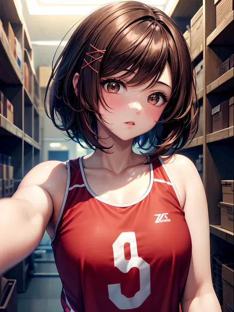 bob cuts, Floating hair, Brown hair, Light blush, Volleyball, gym storeroom, During the match, X Hair Ornament, Anime, Anime style, 4K, Textured skin, Super Detail, Best Quality, awardwinning