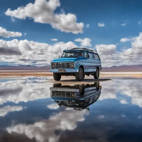 Alafed vehicle in a large body of water with clouds in the sky, At Salar de Uyuni, Amazing reflections of the sky, Incredible reflections, beautiful reflection, stunning photo, epic and stunning, Crossing the Blue Horizon