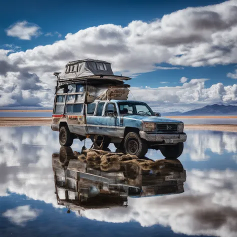 Alafed vehicle in a large body of water with clouds in the sky, At Salar de Uyuni, Amazing reflections of the sky, Incredible reflections, beautiful reflection, stunning photo, epic and stunning, Crossing the Blue Horizon