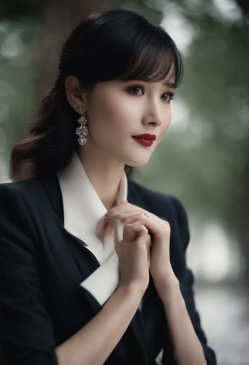 Europe，female pervert，white collar，Introduce the work，In black suit，All-round display，Create a realistic female image with a charming and delicate face，Has impeccable black hair. Make up delicate，Highlight clothing details