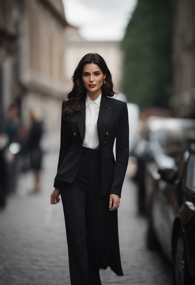 Europe，female pervert，white collar，Introduce the work，In black suit，All-round display，Create a realistic female image with a charming and delicate face，Has impeccable black hair. Make up delicate，Highlight clothing details