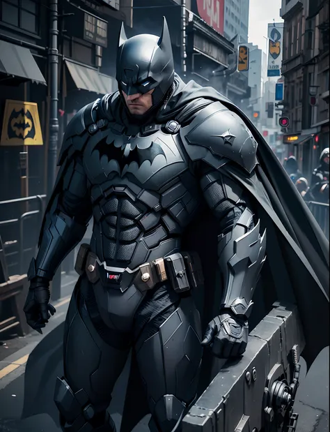 batman in a black suit with blue eyes and a cape, batman mecha, dark supervillain, marvel concept art, clothed in stealth armor,...