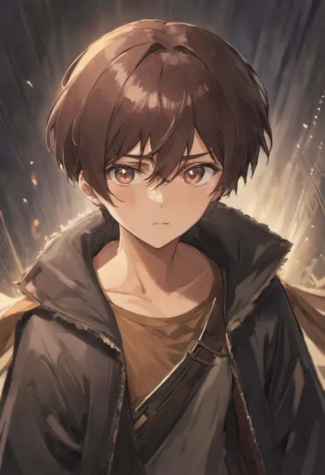 anime character, portrait of eren yeager, no beard, shoulder-length dark brown hair, hair tied back, bangs are quite long, dark brown eyes, big black scarf, Black Dark blue American military uniform, tired eyes, lifeless face, 57 height, anime boy, white s...