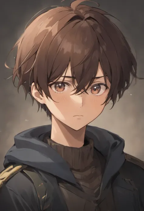 anime character, portrait of eren yeager, no beard, shoulder-length dark brown hair, hair tied back, bangs are quite long, dark brown eyes, big black scarf, Black Dark blue American military uniform, tired eyes, lifeless face, 57 height, anime boy, white s...