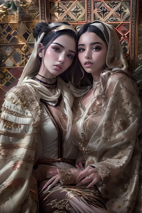 Mavtan Moroccan Islamic surreal super detail,model shoot,two girls,duo,Dynamic pose,leering,(Dream belt,Dream robes,Fantastic ribbons),Hug and touch each other,Biting a friends earlobe, Hug each other from behind, Touch your friends chest from below,