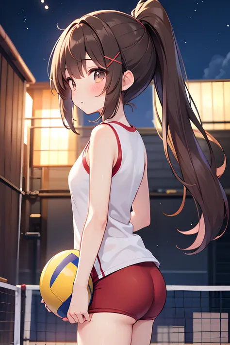 floating hair, brown hair, light blush, volleyball, during a match, x hair ornament, gymnasium, night, short ponytail, lone nape hair, wariza, anime, anime style, 4K, textured skin, super detail, best quality, award winning