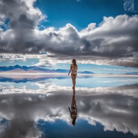 Large body of water with clouds in the sky, At Salar de Uyuni, Amazing reflections of the sky, Incredible reflections, beautiful reflection, stunning photo, epic and stunning, Crossing the Blue Horizon、Woman in swimsuit standing:1.9