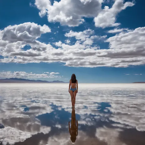 Large body of water with clouds in the sky, At Salar de Uyuni, Amazing reflections of the sky, Incredible reflections, beautiful reflection, stunning photo, epic and stunning, Crossing the Blue Horizon、Woman in swimsuit standing:1.9