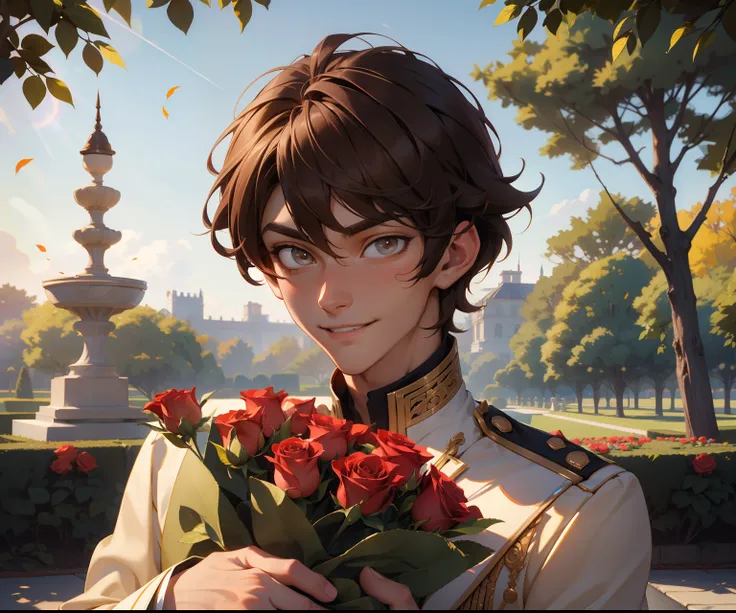 (absurdres, highres, ultra detailed), 1 male, adult, handsome, tall, Brown hair, finely detailed opal Honey eyes and detailed face, prince uniform, smile, outdoors, palace rose garden, sunlight, 8k resolution, with a lot of gifts around him