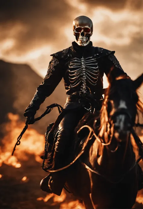 Ghost Rider，Ride a Flame Skeleton Horse，Flame Skull，{An extremely delicate and beautiful Chinese girl}, 8K wallpaper, {{{Masterpiece}}}