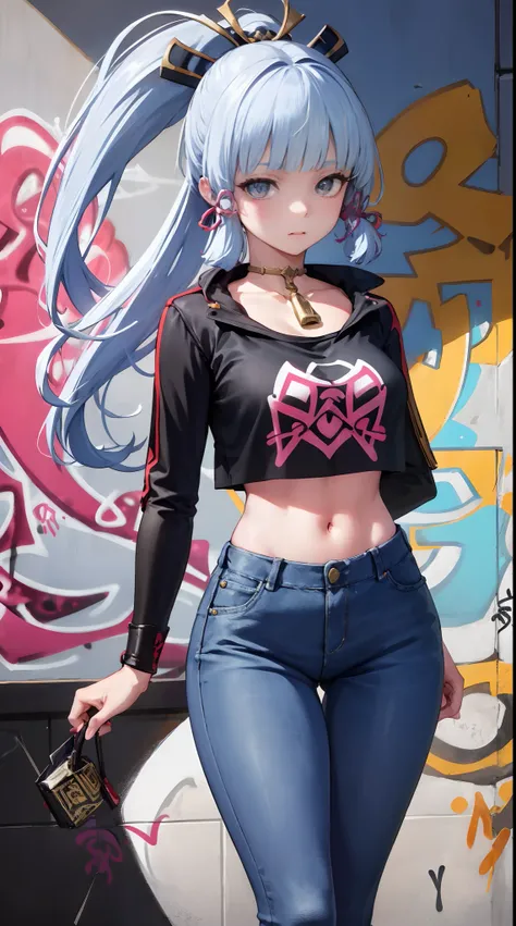 kamisato ayaka|genshin impact, master-piece, bestquality, 1girls,25 years old, proportional body, elongated legs, Beautiful, proportional., crop top, Long Jeans, mediuml breasts, ,bara, crop top, choker, (Graffiti:1.5), Splash with purple lightning pattern...