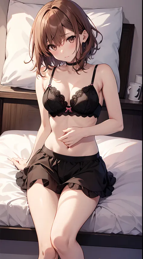 ４ｋqulity, top-quality, Misaka_mikoto, Brown-eyed, Short_hair, Small_Breast,）on the beds　Pink lingerie　sexypose　Bewitching-　Dark hotel room、laying on back:1.7、Background blur、​masterpiece