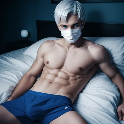 Teen male posing, tight boxers, skinny body, atmospheric, cute face, white hair, mask, dead inside, lying in bed, blue eyes, night