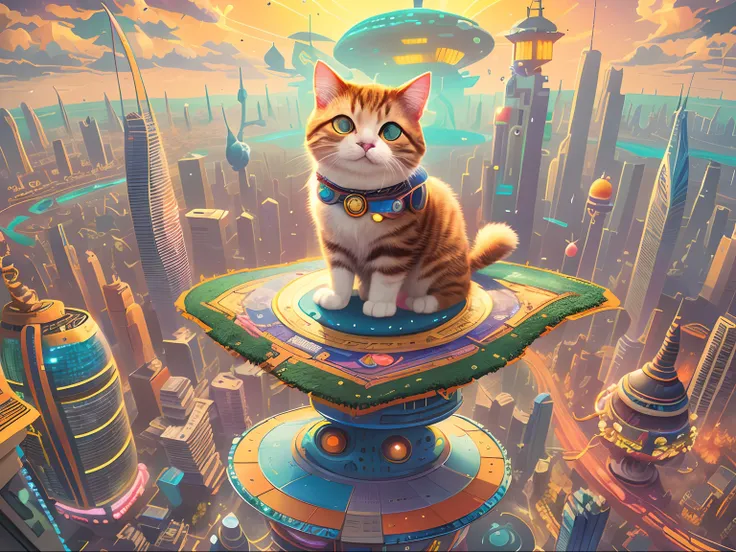 there is a cat sitting on top of a colorful object in a city, planet of the cats, beeple and jeremiah ketner, jen bartel, fantasy matte painting，cute, 4k highly detailed digital art, world boss kitten, cat summoning a spaceship, beeple and tim hildebrandt,...