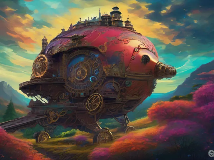 biomechanical moving castle creature, inspired by Miyazakis "Howls Moving Castle", with intricate clockwork mechanisms, surrounded by a vibrant, fantastical landscape.