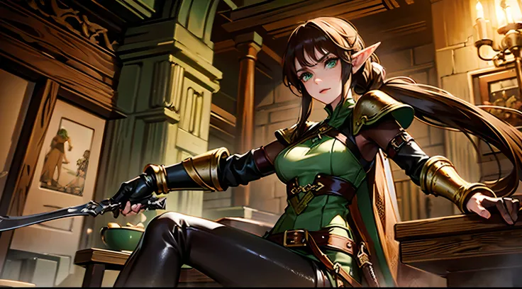 medieval setting,fullybody,1 woman, beautiful green eyes, elven facial features, brown hair, 2 pigtails, black leather pants, dark green tunic, brown leather armor, leather bracers