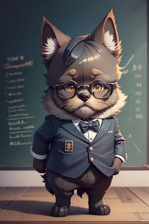 C4tt4stic, Professor cartoon scottish terrier dog teaching at the pulpit（Wearing glasses、The specifics of the appearance of the Scottish Terrier dog）、The background is the classroom