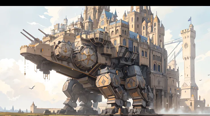 A colossal moving mech castle, an engineering marvel that traverses the land with a commanding presence. Its towering walls are fortified with intricate designs, adorned with menacing turrets and battlements. The castle strides forward on massive legs, car...