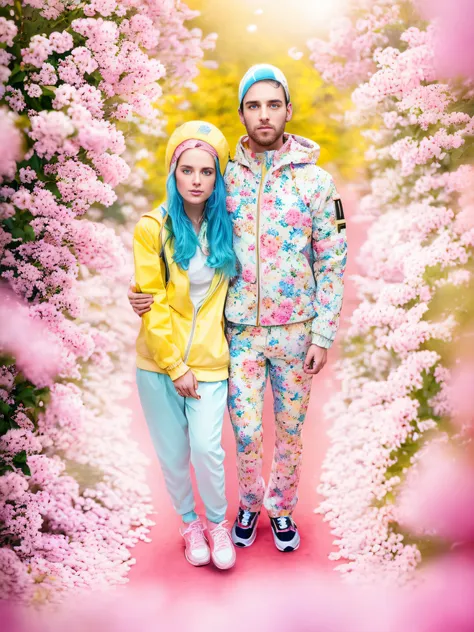 The guy in sneakers is wearing a yellow jacket and yellow pants, He wears a red headdress on his head, The girl is dressed in blue pants and a pink jacket and sneakers, (full-length portrait:1.3), analog, Nikon Z 85mm, award-winning glamour photograph, ((B...