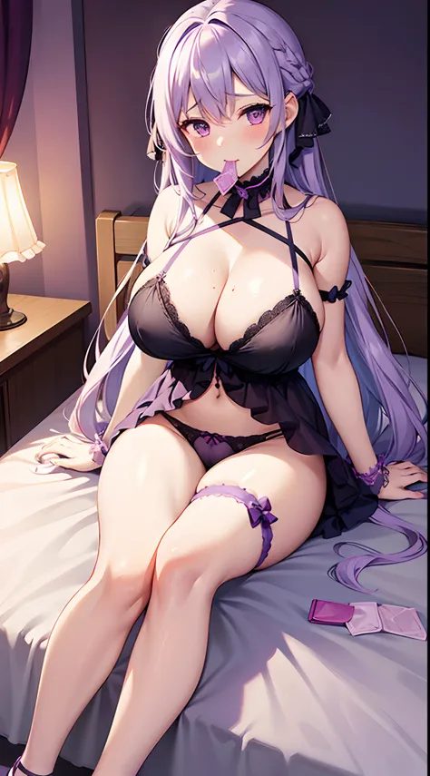 1 girl, game CG, frilly bra, cameltoe string panties, hair ribbon, gigantic breasts, light purple hair, long hair, french braid, purple eyes, pov, bedroom, sitting, legs open, condom in mouth, blush, steam, love juice,