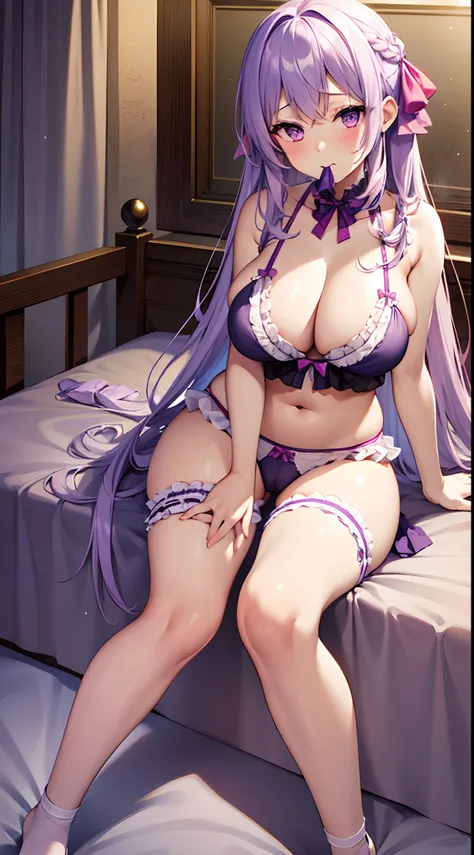 1 girl, game CG, frilly bra, cameltoe string panties, hair ribbon, gigantic breasts, light purple hair, long hair, french braid, purple eyes, pov, bedroom, sitting, legs open, condom in mouth, blush, steam, love juice,