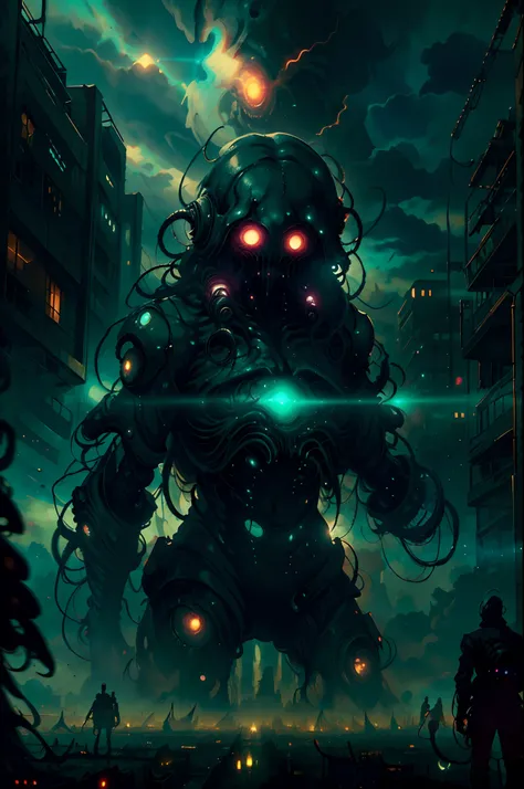 Very scary Lovecraftian creature appears in dystopian city, neon lights are the only lighting, people panic and city turns into total chaos. Very scary image of cosmic horror, horror, scary...