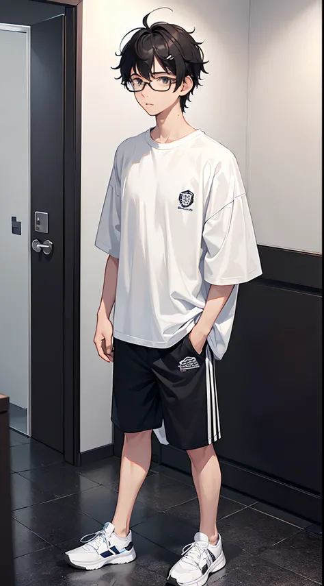 1 boy 19 years old, black messy hair, gray eyes, bespectacled, wearing a white sports shirt, wearing black gym shorts, wearing white sneakers, moving, walking, pleasant face, from the side, full body, full character, male restroom, extremely detailed, best...