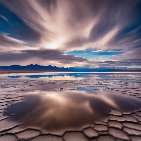 Large body of water with clouds in the sky, At Salar de Uyuni, Amazing reflections of the sky, Incredible reflections, beautiful reflection, stunning photo, epic and stunning, Crossing the horizon、milkyway:1.9