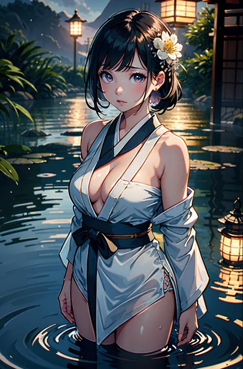 1girl, breasts, moon, lantern, night, solo, large breasts, hair ornament, wet, kimono, japanese clothes, wading, water, hair flower, flower, outdoors, sky, full moon, rain, black hair, off shoulder, mountain, cloud, holding, sash, bare shoulders, paper lan...