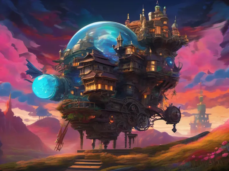 biomechanical moving castle creature, inspired by Miyazakis "Howls Moving Castle", with intricate clockwork mechanisms, glowing crystal structures, and floating platforms, surrounded by a vibrant, fantastical landscape.