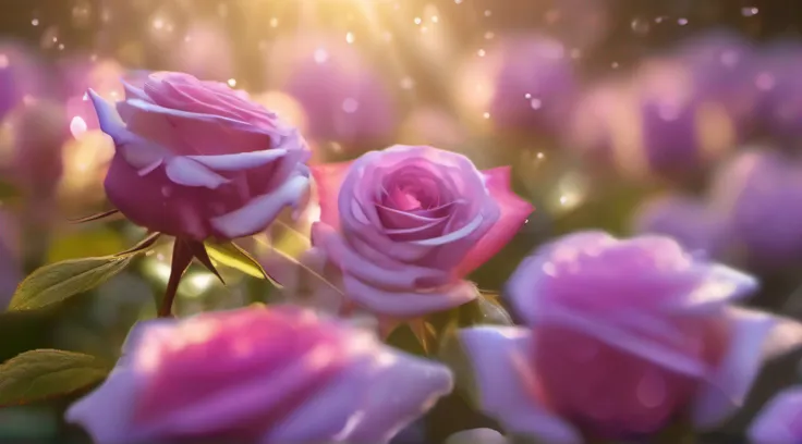 Many rose flowers in the garden and sunlight with bokeh, dew drops on flower petals (masterpiece, ultra quality, high resolution, 8k, intricate: 1.2), (masterpiece), (best quality:1)