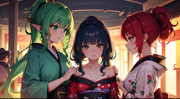 masterpiece, lots of detail, 4k, 8k, ((ultra-detailed)), highres, soft lighting, 2girls, festival, kimono, kissing, {red hair|green hair|black hair|blue hair}, {ponytail|short hair|long hair|curly hair}