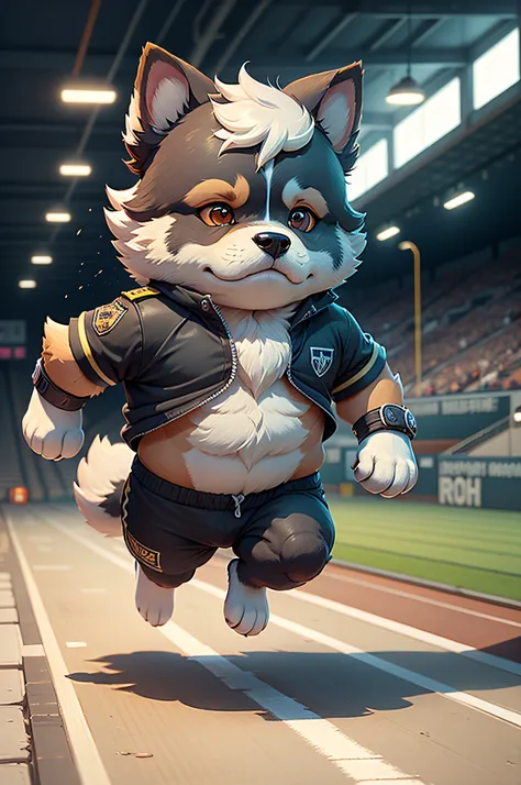 C4tt4stic, Cartoon shepherd dog of players in uniform running short distances on track（Body hair is black、The specifics of the appearance of the shepherd dog）、The background is the stadium