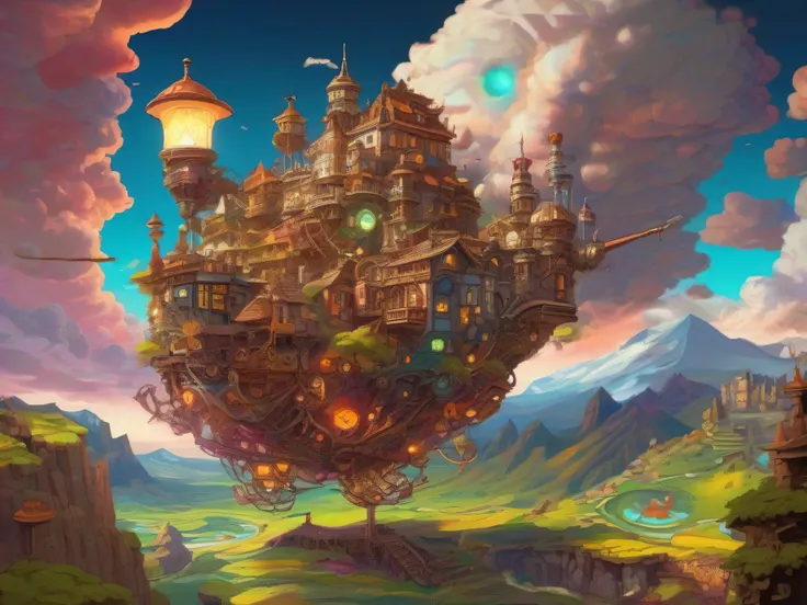 biomechanical moving castle creature, inspired by Miyazakis "Howls Moving Castle", with intricate clockwork mechanisms, glowing crystal structures, and floating platforms, surrounded by a vibrant, fantastical landscape.