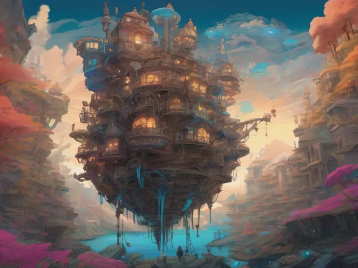 biomechanical moving castle creature, inspired by Miyazakis "Howls Moving Castle", with intricate clockwork mechanisms, glowing crystal structures, and floating platforms, surrounded by a vibrant, fantastical landscape.