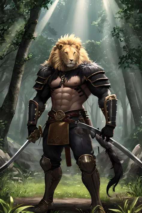 Best quality, a portrait of a lion with black fur, extremely detailed, animal skin leather armor, holding a sword in his right hand and an ax in his left hand, roaring with fury, savage warrior, full body, standing, tall , intense gaze, about to go into ba...