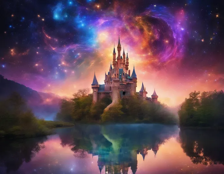 Photography of a colossal mobile structure, floating gracefully on the back of a mythical flying creature, soaring through a celestial expanse dotted with sparkling stars. The structure is an ethereal castle, with translucent walls and shimmering crystals....