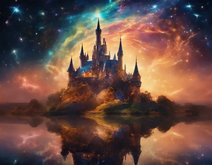 Photography of a colossal mobile structure, floating gracefully on the back of a mythical flying creature, soaring through a celestial expanse dotted with sparkling stars. The structure is an ethereal castle, with translucent walls and shimmering crystals....