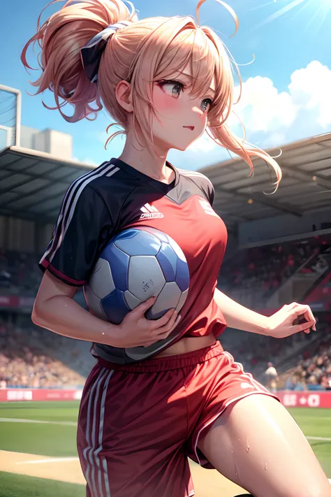 floating hair, light blush, during a match, sweat, half updo, folded ponytail, outdoors, project a wide area, soccer, kick a ball, Kicking a soccer ball, anime, anime style, 4K, textured skin, super detail, best quality, award winning