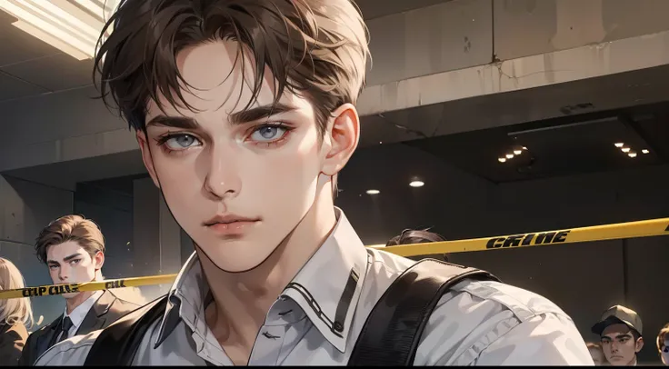 masterpiece, best quality, realistic, 1man, mature male, quiet and charming young man, 25 years old, close his eyes, serious look, extremely detailed face, ((dark grey eyes)), ((short-right-swept dark brown hair)), [thick eyebrows], detective, ((at the cri...