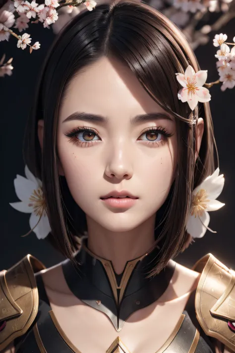 beautiful japanese young woman, wearing cyborg armor, thick symmetrical features, very short hair, background is cherry blossoms, pink aura, red lips, octane render,