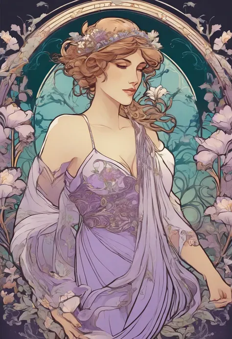 8K.Poster illustration in Alphonse Mucha style, Flat painting, Beautiful western woman in lilac ankle-length long dress, Emmawatoso,Have a bouquet of white lilies,Full body like,slenderbody,Barefoot,Art Nouveau, Plants in the background, nffsw, masutepiece...