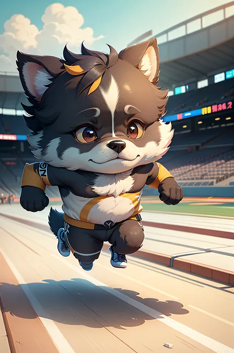 C4tt4stic, Cartoon shepherd dog of athlete running short distance on track（Body hair is black、The specifics of the appearance of the shepherd dog）、The background is the stadium