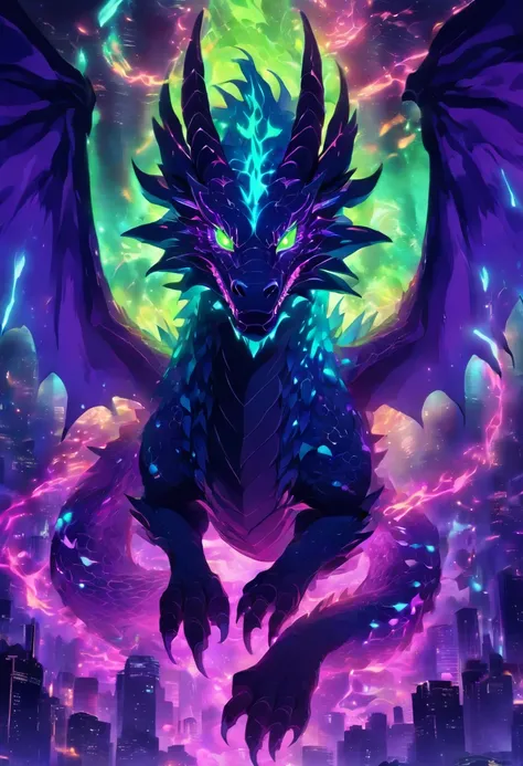 dragon, zombie, necrotic scales, black, purple, neon green, ominous glow, glowing, ghostly fire-colored eyes, wings with patterns reminiscent of interlocking computer codes, bone fragments protruding from wings, eerie aura, glowing runes like lines of prog...