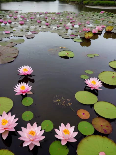 Super realistic lotus flowers at dusk, lotuses, lotuses, lotus flowers on the water, Lotus pond, lotus petals, water lilies, standing gracefully upon a lotus, water lily mat, serene colors, waterlily pond, with lotus flowers, water lily mat, details and vi...