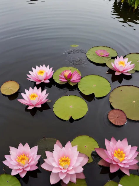 Super realistic lotus flowers at dusk, lotuses, lotuses, lotus flowers on the water, Lotus pond, lotus petals, water lilies, standing gracefully upon a lotus, water lily mat, serene colors, waterlily pond, with lotus flowers, water lily mat, details and vi...